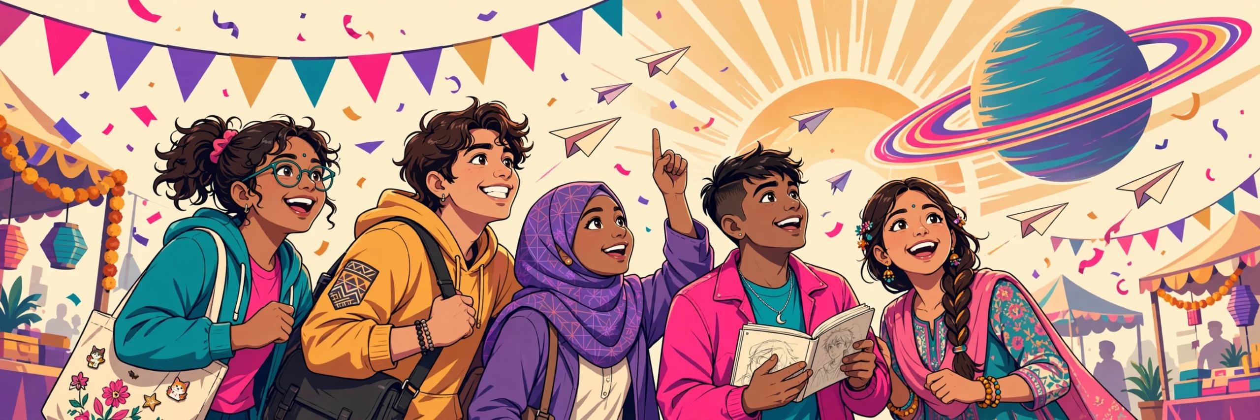 Indian anime fans celebrating at a colourful fan festival under a ringed planet